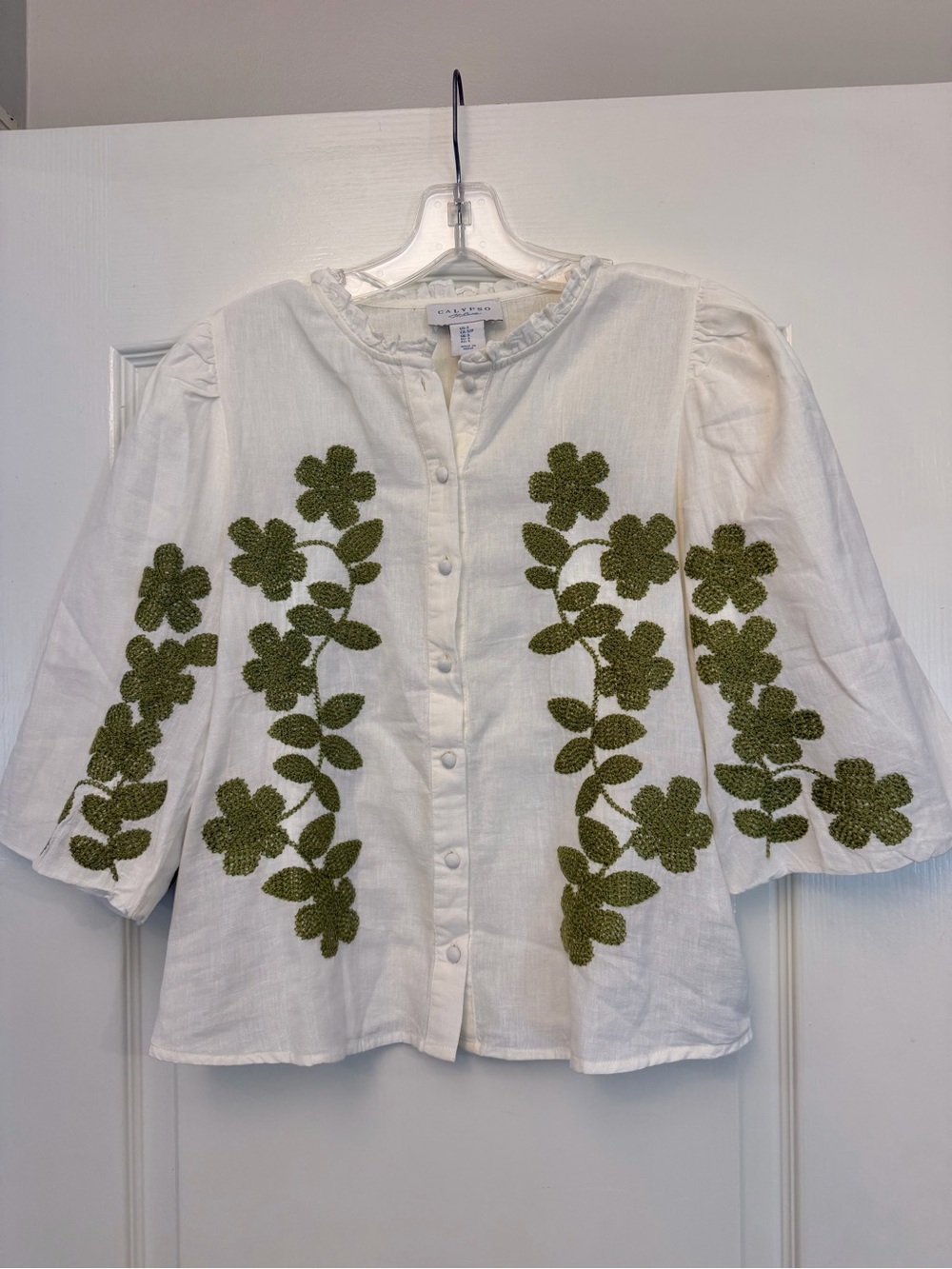 Calypso St. Barth White Linen Button-Front Blouse with Green Floral Embroidery